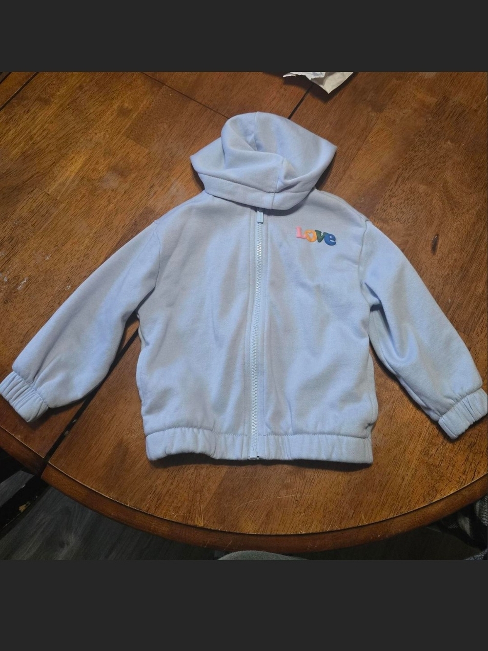 Old Navy Baby Blue Zip-Up Hoodie with Colorful "Love" Embroidery